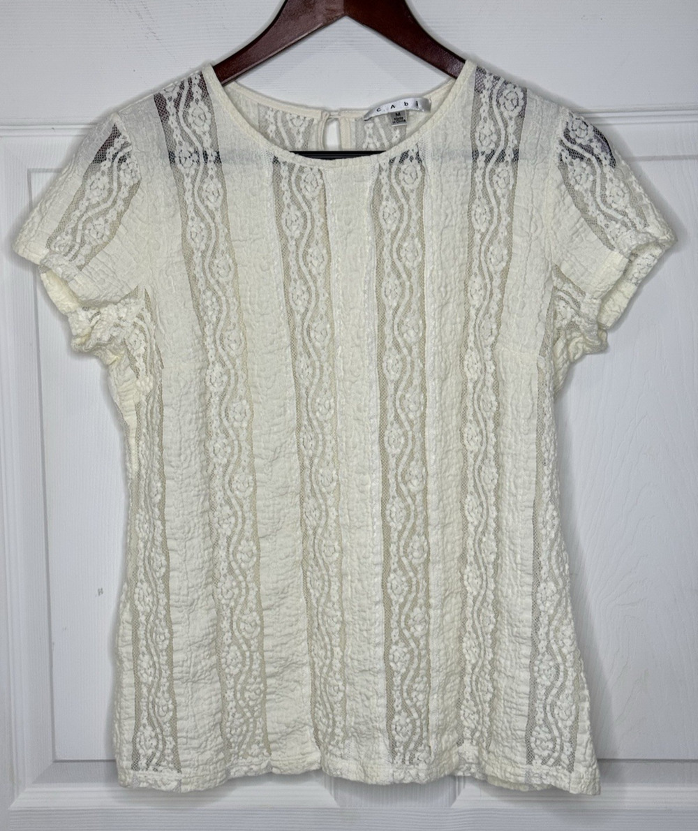 CAbi Lace Top Ivory Style # 260 Short Sleeve Keyhole Back Size Medium Semi Sheer